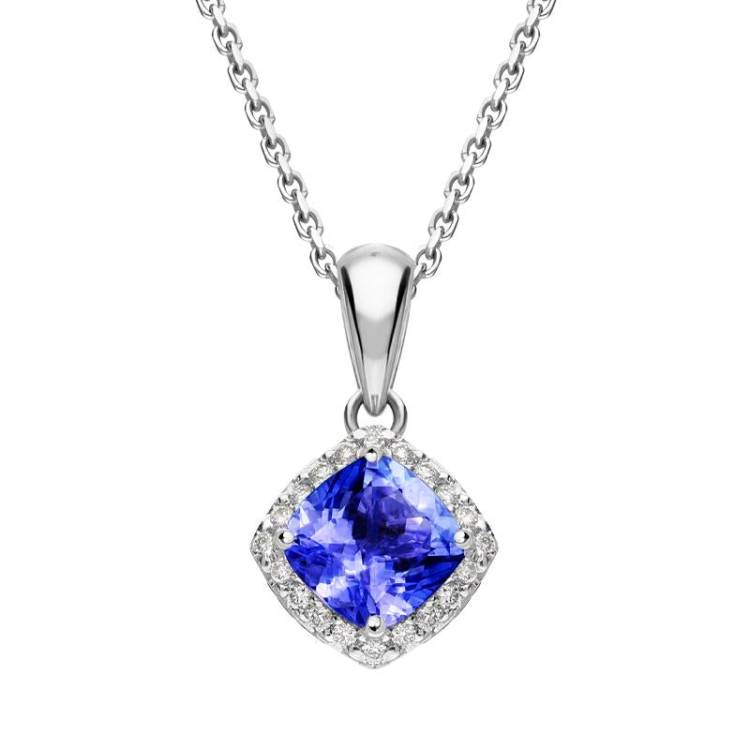 18ct White Gold 0.66ct Tanzanite Diamond Cushion Cut Necklace D