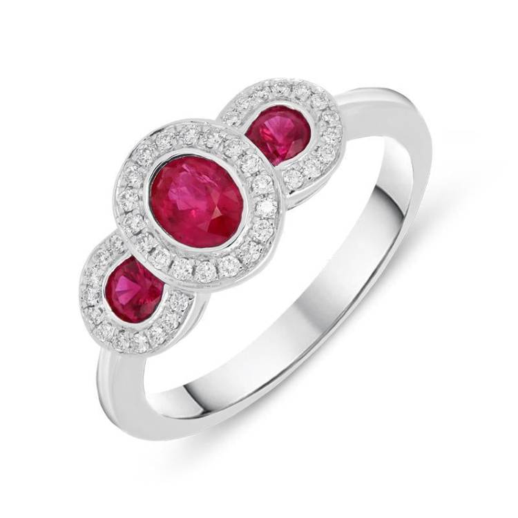 18ct White Gold 0.67ct Ruby Diamond Trilogy Cluster Ring - Option1 Value White Gold