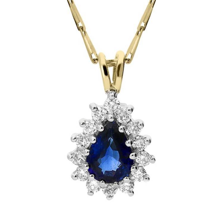 18ct White Gold 0.70ct Sapphire 0.23ct Diamond Cluster Pear Necklace - White Gold
