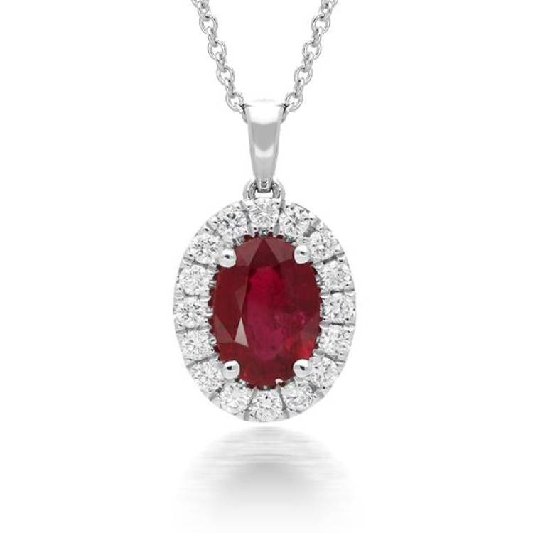 18ct White Gold1.02ct Ruby Diamond Oval Cluster Necklace - Option1 Value White Gold