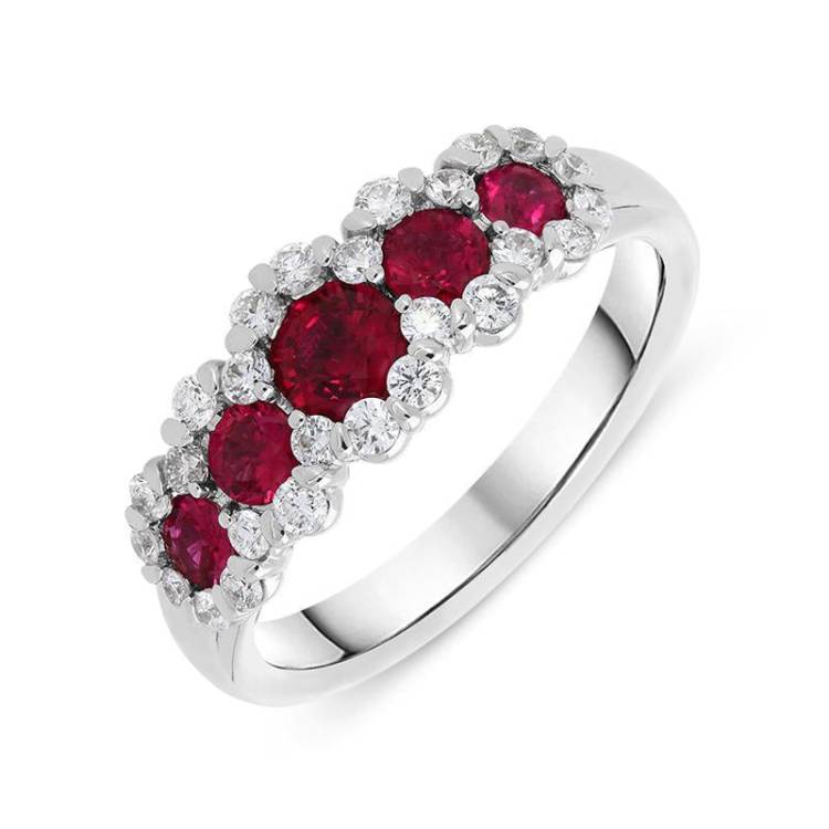 18ct White Gold 0.82ct Ruby Diamond Graduating Cluster Ring - White Gold