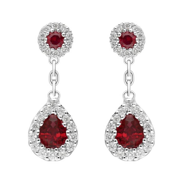 18ct White Gold 0.82ct Ruby Diamond Pear Cluster Drop Earrings