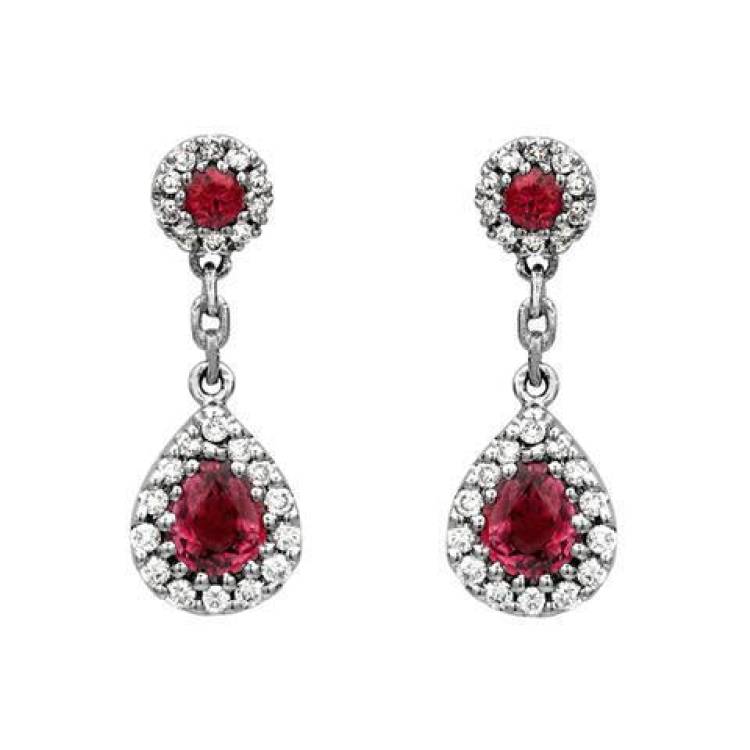18ct White Gold 0.85ct Ruby Diamond Pear Cluster Drop Earrings - Option1 Value White Gold