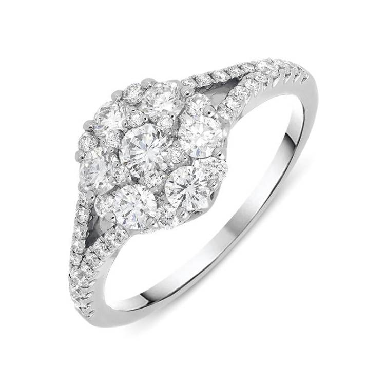 18ct White Gold 0.94ct Diamond Split Shoulder Round Cluster Ring - O
