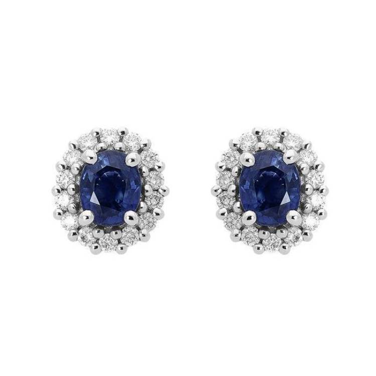 18ct White Gold 0.94ct Sapphire Diamond Oval Cluster Earrings - Option1 Value White Gold