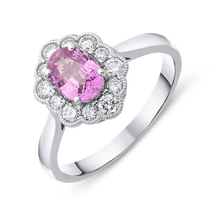 18ct White Gold 0.98ct Pink Sapphire Diamond Cluster Ring - Option1 Value N