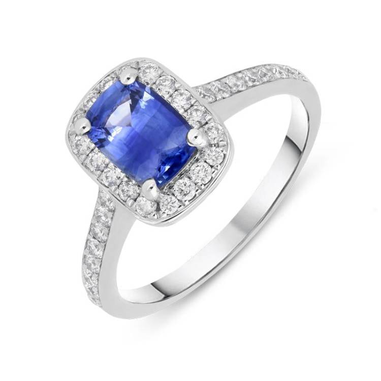 18ct White Gold 0.85ct Sapphire Diamond Cushion Cluster Ring - Option1 Value White Gold
