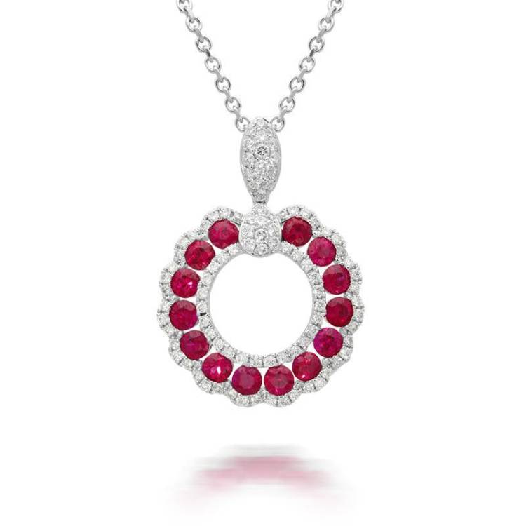 18ct White Gold 1.08ct Ruby Diamond Open Cluster Necklace - White Gold