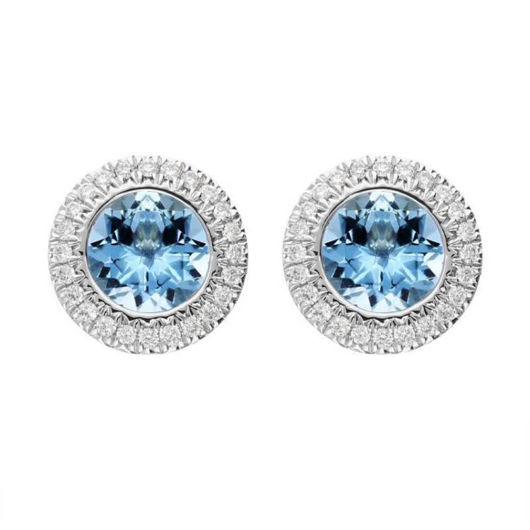 18ct White Gold 1.20ct Aquamarine 0.12ct Diamond Halo Stud Earrings