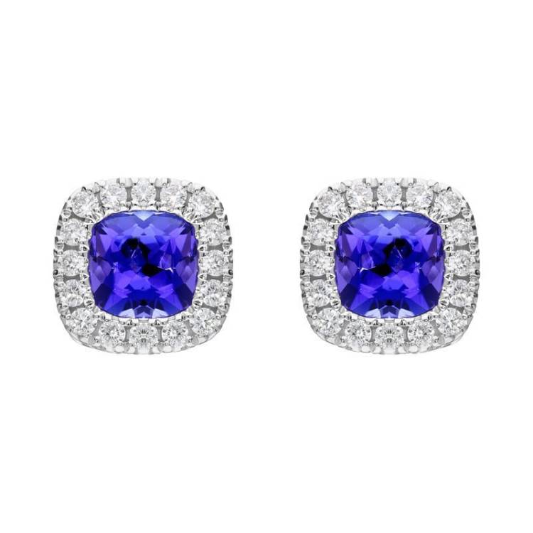 18ct White Gold 1.25ct Tanzanite 0.21ct Diamond Cushion Cut Stud Earrings