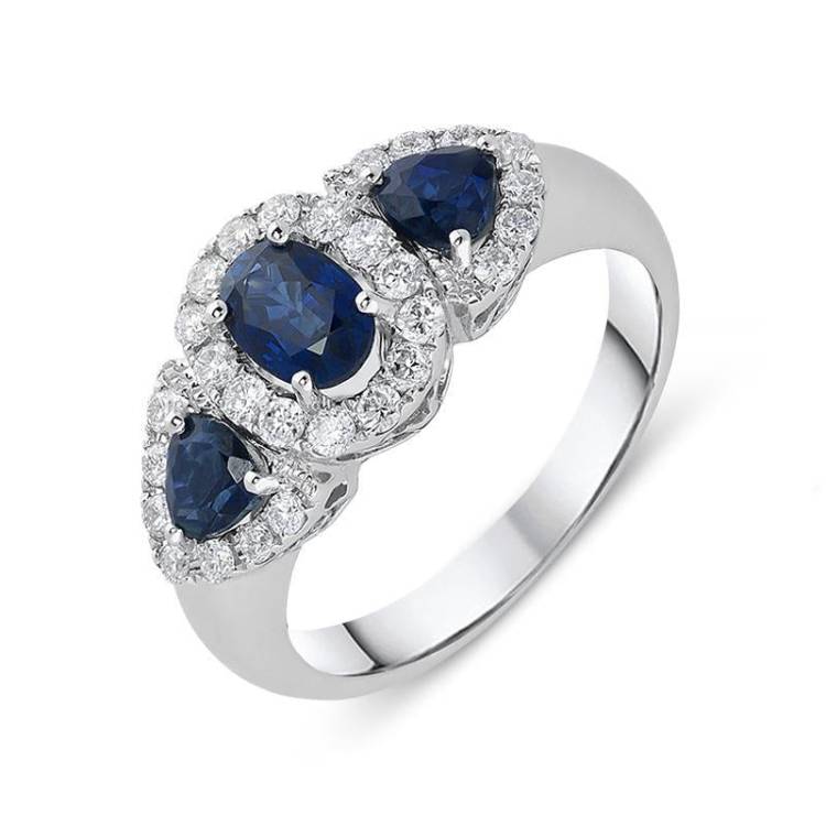 18ct White Gold 1.30ct Sapphire Diamond Cluster Trilogy Ring - Option1 Value White Gold