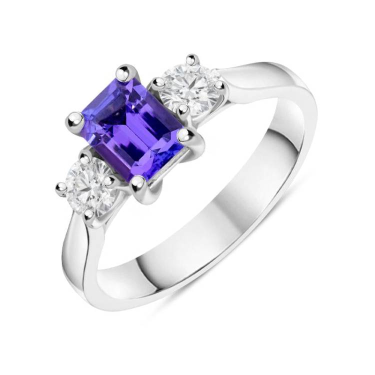 18ct White Gold 1.39ct Tanzanite 0.46ct Diamond Emerald Cut Ring D - N