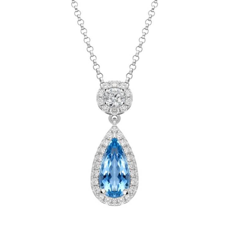 18ct White Gold 1.47ct Aquamarine Diamond Pear Cut Necklace