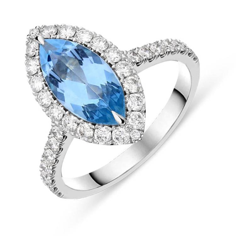 18ct White Gold 1.51ct Aquamarine Diamond Marquise Ring - M
