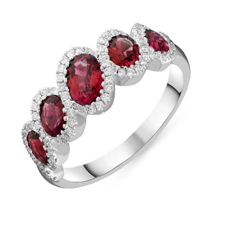 18ct White Gold 1.79ct Ruby Diamond Five Stone Cluster Ring - White Gold
