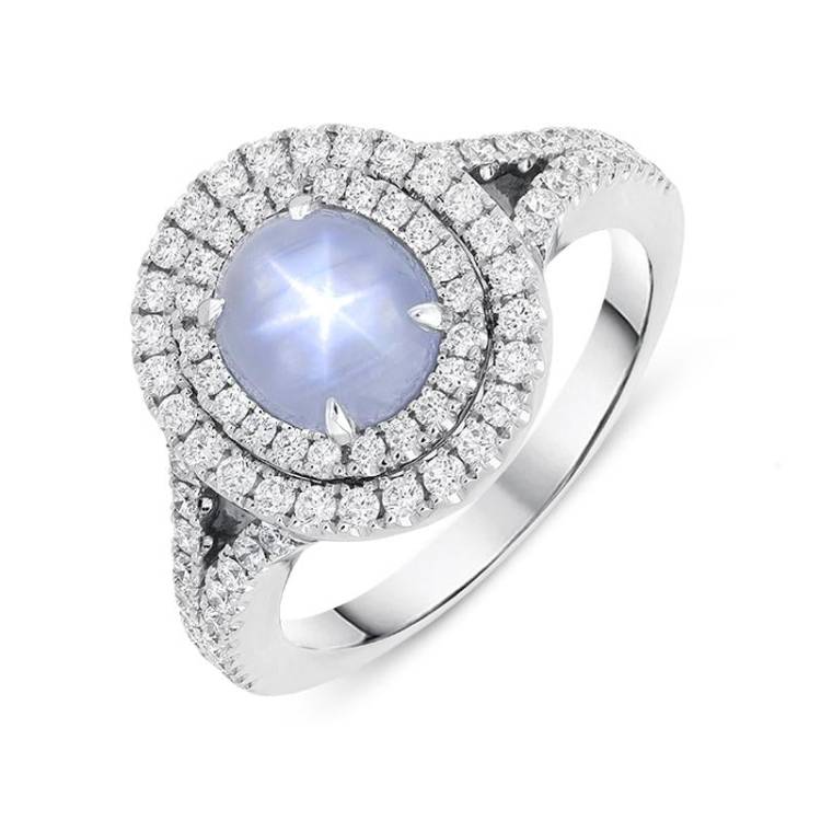 18ct White Gold 2.27ct Star Sapphire Diamond Double Halo Ring - N