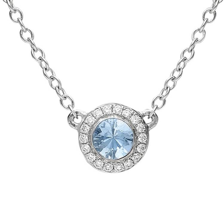 18ct White Gold Aquamarine Diamond Halo Necklace - Option1 Value White Gold