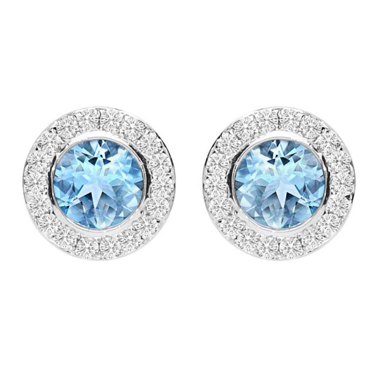 18ct White Gold Aquamarine Diamond Pave Round Stud Earrings - Option1 Value White Gold