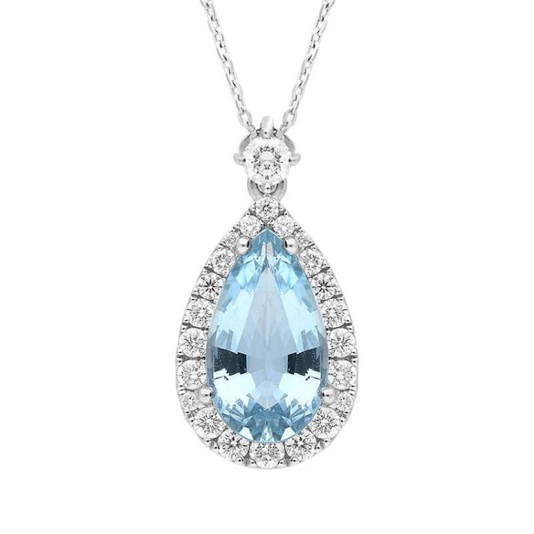 18ct White Gold Aquamarine Diamond Pear Cut Cluster Necklace