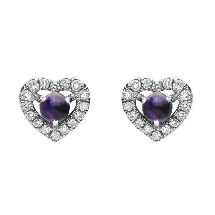 18ct White Gold Blue John and Diamond Heart Earrings - White Gold