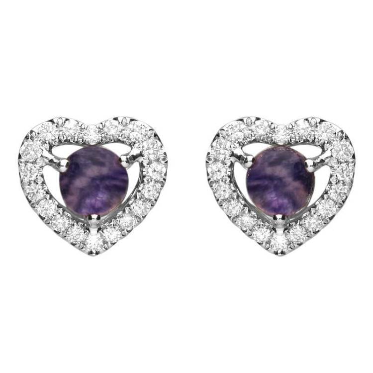 18ct White Gold Blue John and Diamond Heart Stud Earrings - White Gold