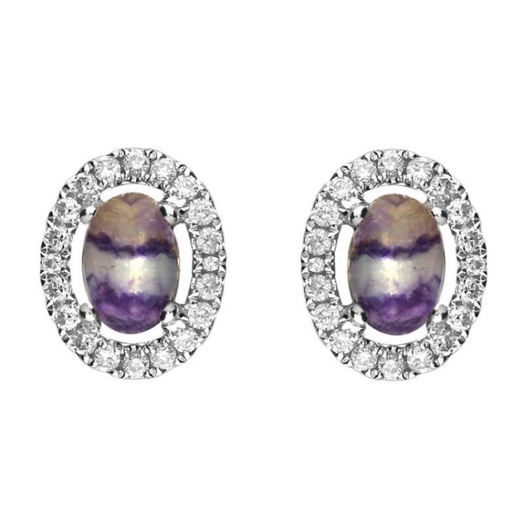 18ct White Gold Blue John and Diamond Oval Stud Earrings - White Gold