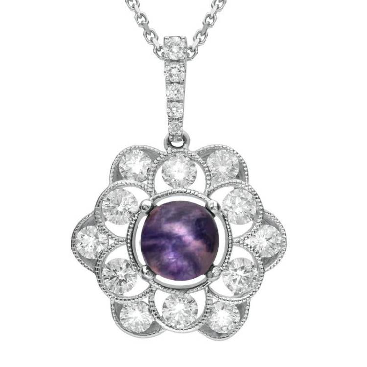 18ct White Gold Blue John Diamond Central Stone Flower Necklace