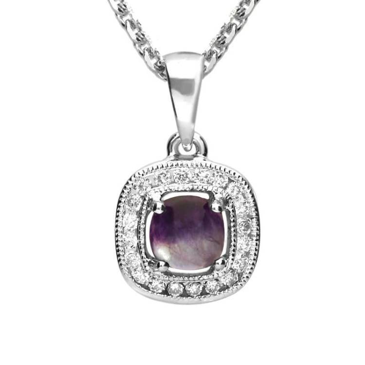 18ct White Gold Blue John Diamond Cushion Necklace - Option1 Value White Gold