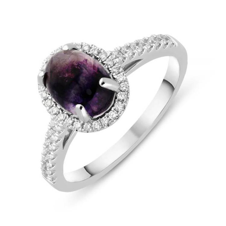 18ct White Gold Blue John Diamond Halo Pave Shoulder Ring - Option1 Value White Gold