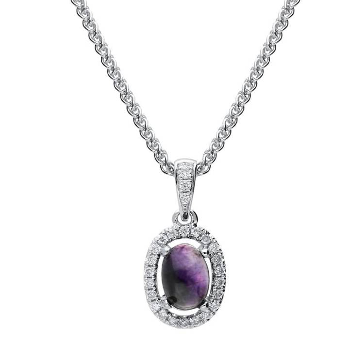 18ct White Gold Blue John 0.08ct Diamond Oval Necklace