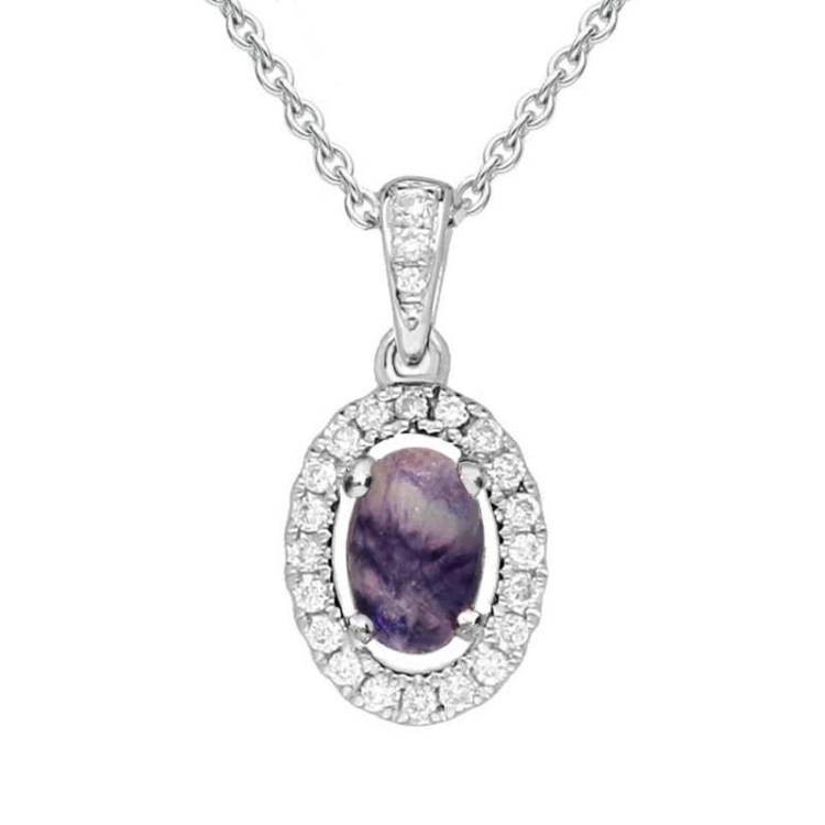 18ct White Gold Blue John 0.10ct Diamond Set Oval Necklace - Option1 Value White Gold