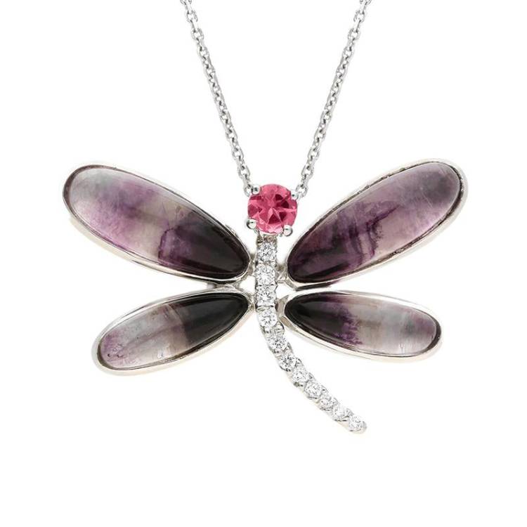 18ct White Gold Blue John Diamond and Rubellite Dragonfly Necklace - White Gold