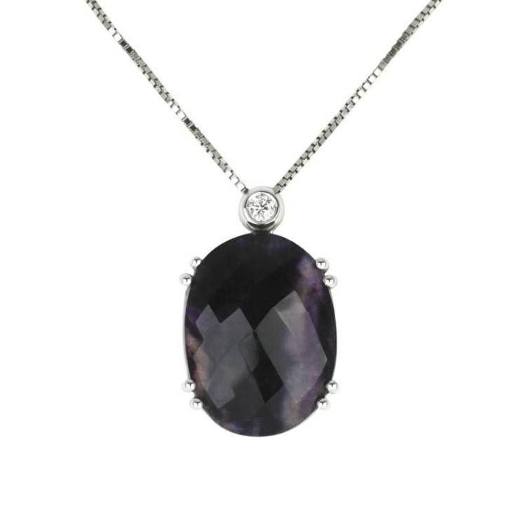 18ct White Gold Blue John Oval 0.08 Carat Diamond Pendant Necklace - White Gold