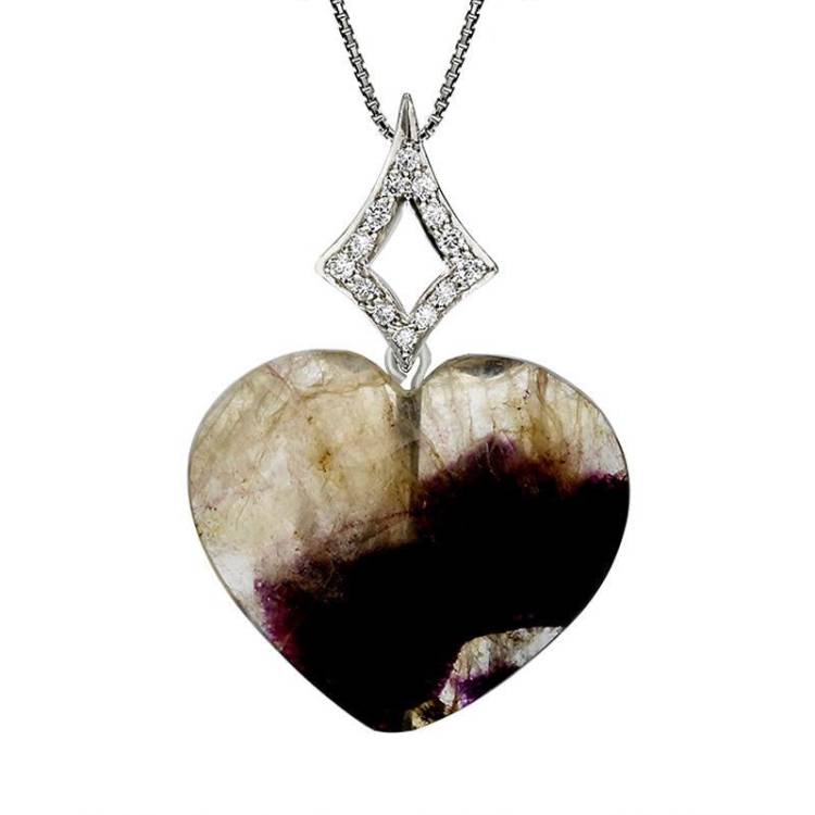 18ct White Gold Blue John and Diamond Faceted Heart Necklace - White Gold