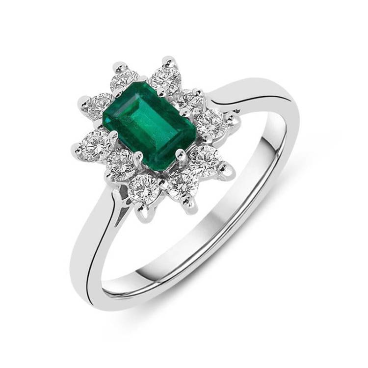 18ct White Gold Emerald Diamond Baguette Cut Cluster Ring - White Gold