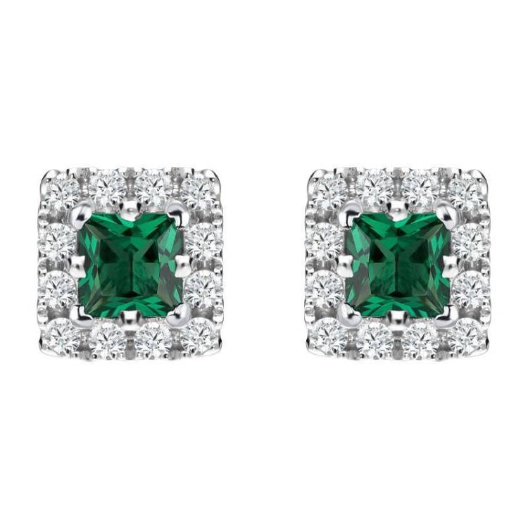 18ct White Gold Emerald Diamond Princess Cut Cluster Stud Earrings