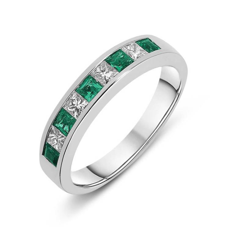 18ct White Gold Emerald Diamond Princess Cut Half Eternity Ring - Option1 Value White Gold