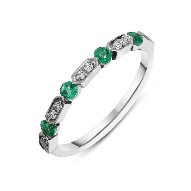 18ct White Gold Emerald Diamond Vintage Style Half Eternity Ring - Option1 Value White Gold