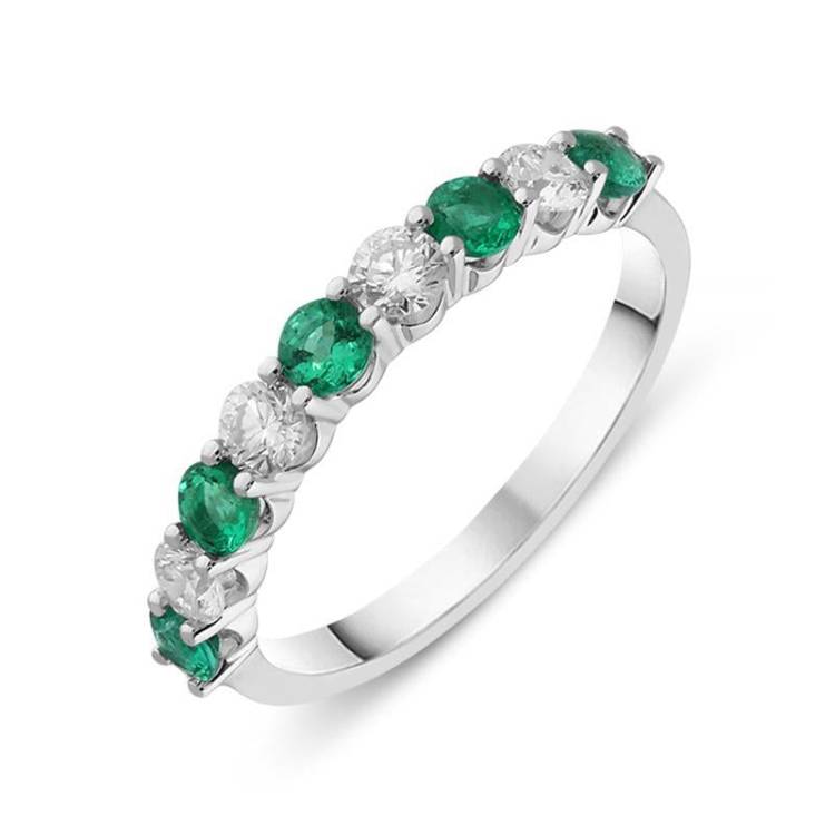 18ct White Gold Emerald and Diamond Half Eternity Ring - White Gold