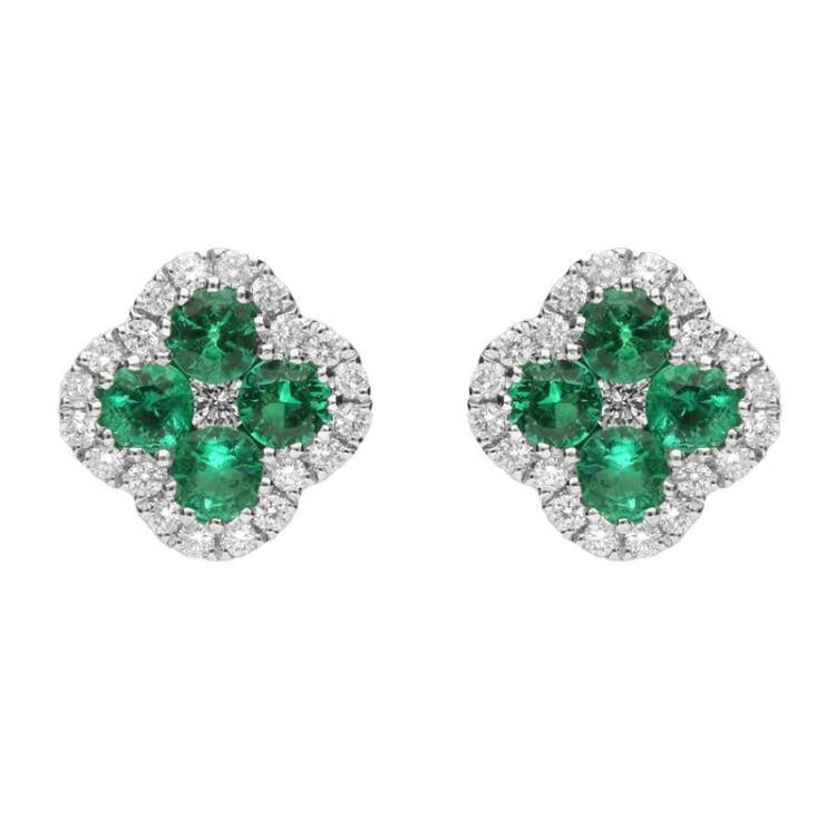 18ct White Gold Emerald and Diamond Clover Stud Earrings
