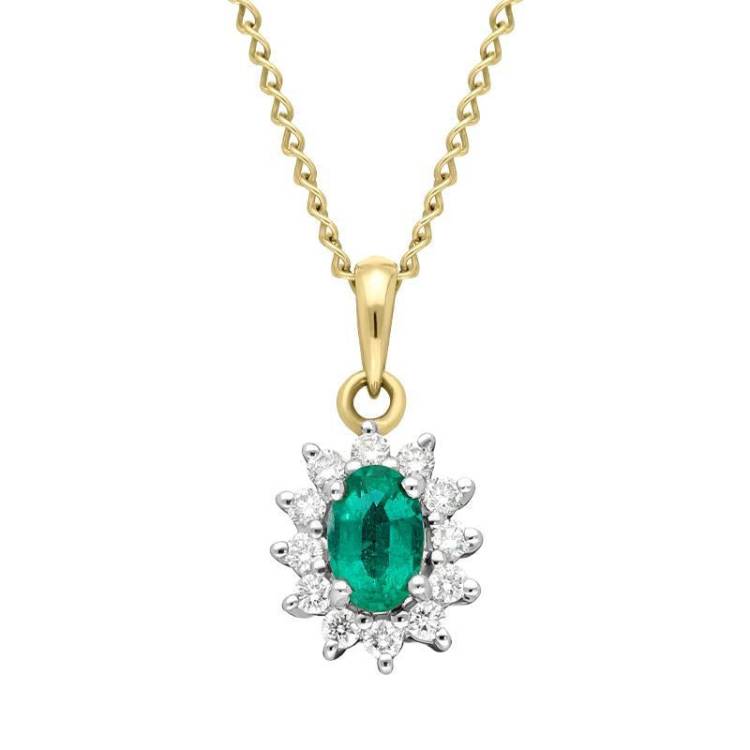 18ct White Gold Emerald and Diamond Cluster Necklace - White Gold