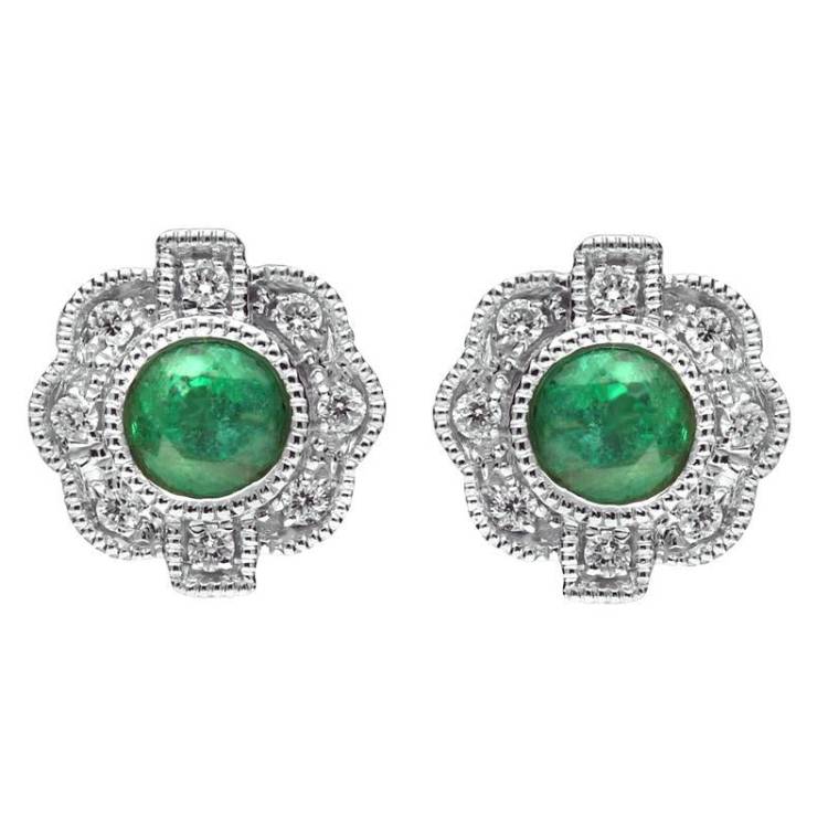 18ct White Gold Emerald and Diamond Flower Stud Earrings
