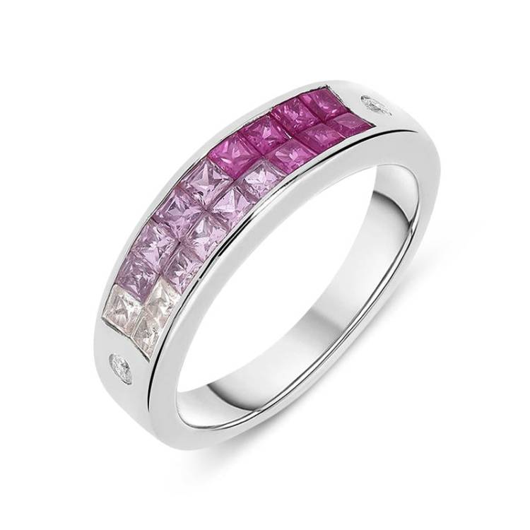 18ct White Gold Graduating Pink Sapphire Diamond Princess Cut Ring - M White Gold