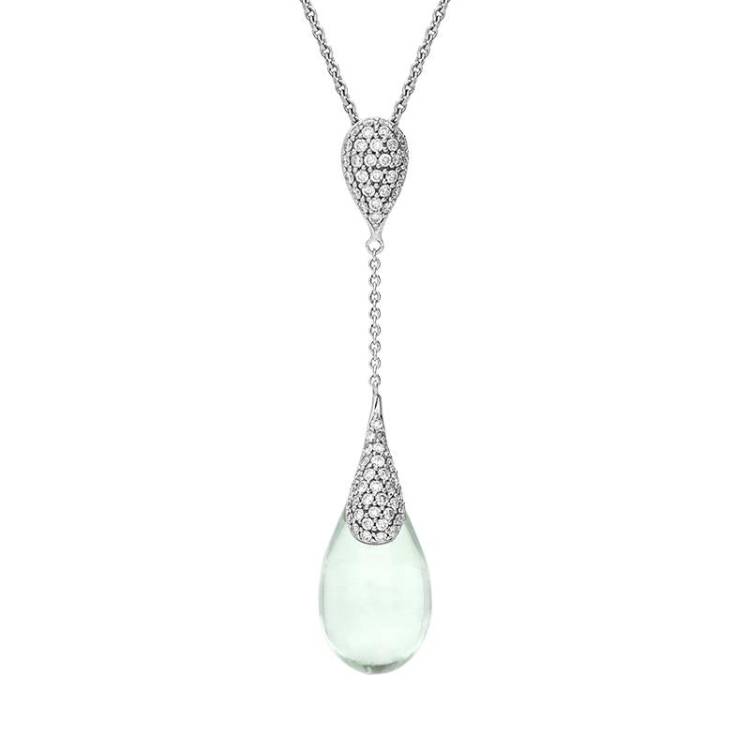 18ct White Gold Green Amethyst Diamond Pear Drop Necklace - Option1 Value White Gold