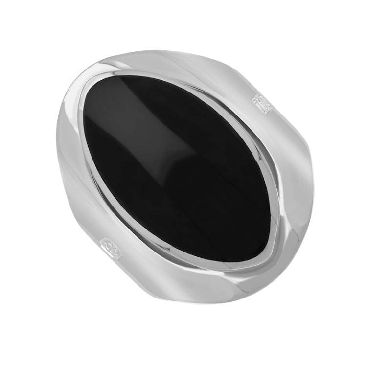 18ct White Gold Whitby Jet King's Coronation Hallmark Medium Oval Ring - J