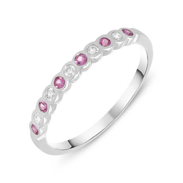 18ct White Gold Pink Sapphire Diamond Half Eternity Ring - Option1 Value White Gold
