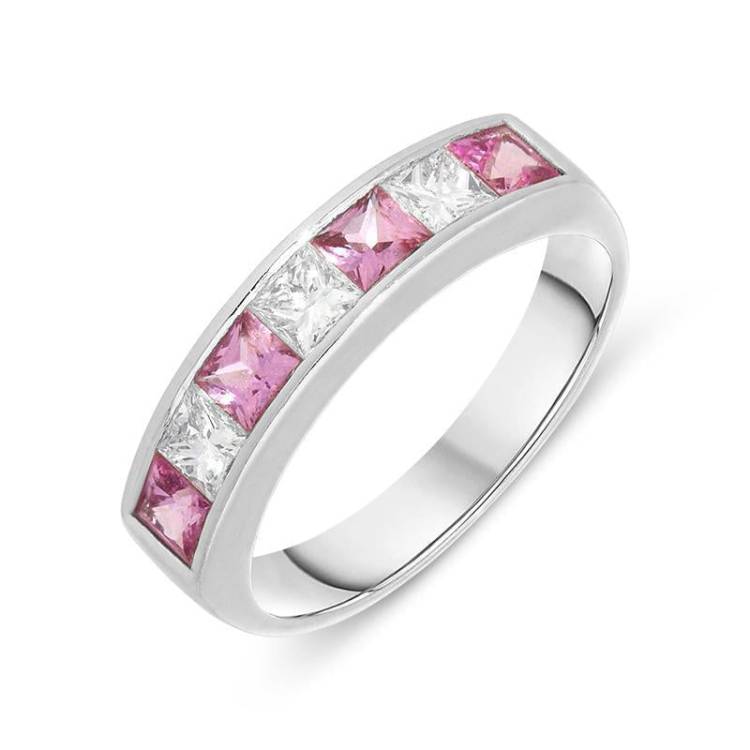 18ct White Gold Pink Sapphire Diamond Princess Cut Half Eternity Ring - Option1 Value White Gold