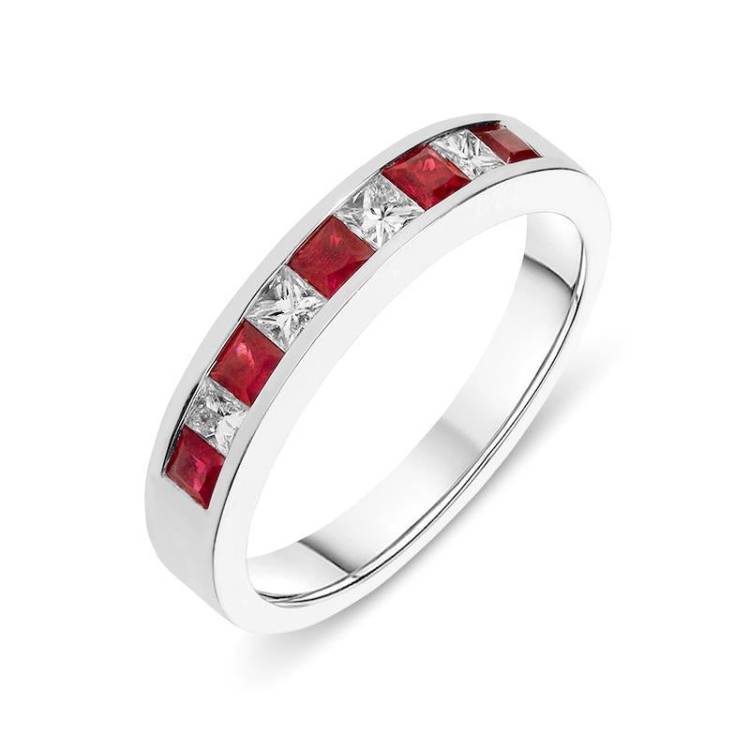 18ct White Gold Princess Cut 0.30ct Diamond Ruby Half Eternity Ring - TITLE White Gold