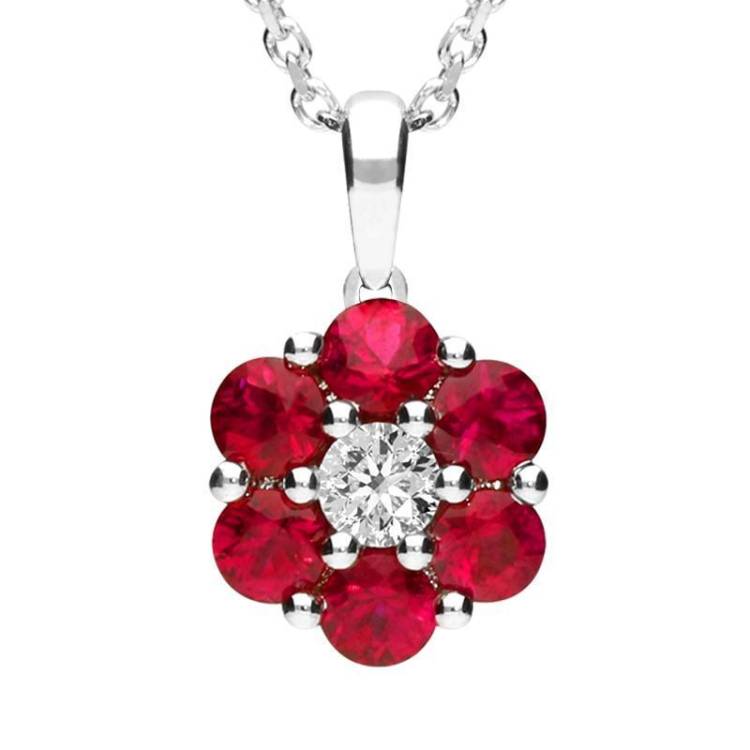 18ct White Gold Ruby and Diamond Flower Necklace - Option1 Value White Gold