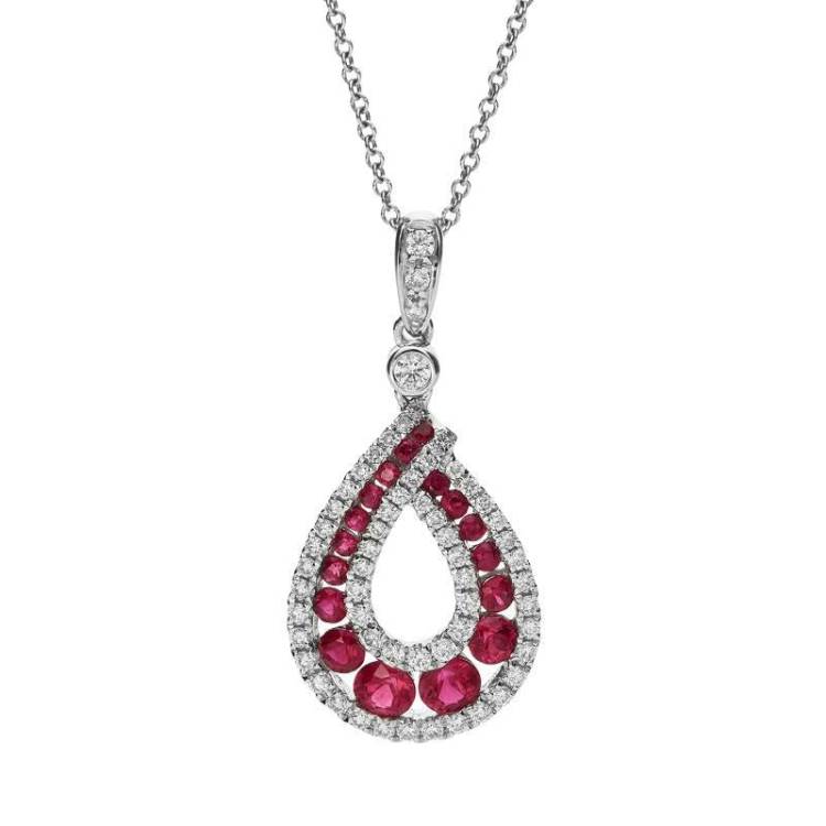18ct White Gold Ruby and Diamond Open Teardrop Necklace - White Gold